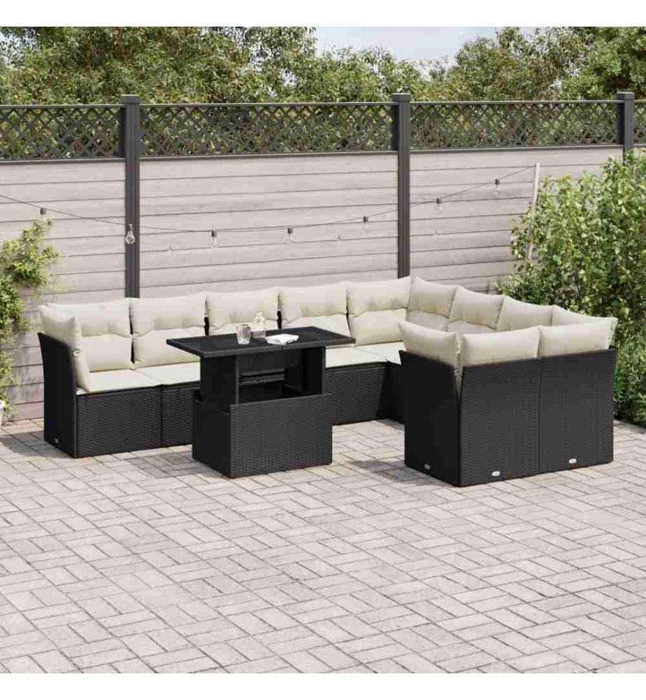 10-tlg. Garten-Sofagarnitur mit Kissen Schwarz Poly Rattan
