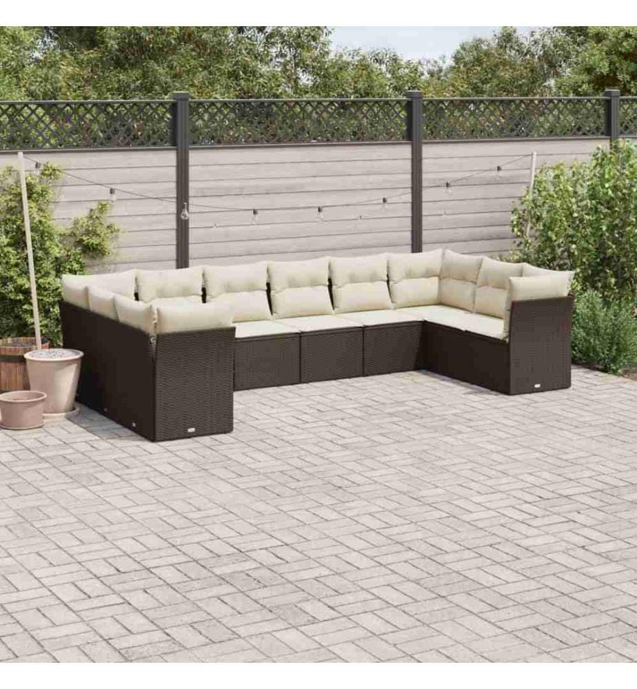 10-tlg. Garten-Sofagarnitur mit Kissen Braun Poly Rattan