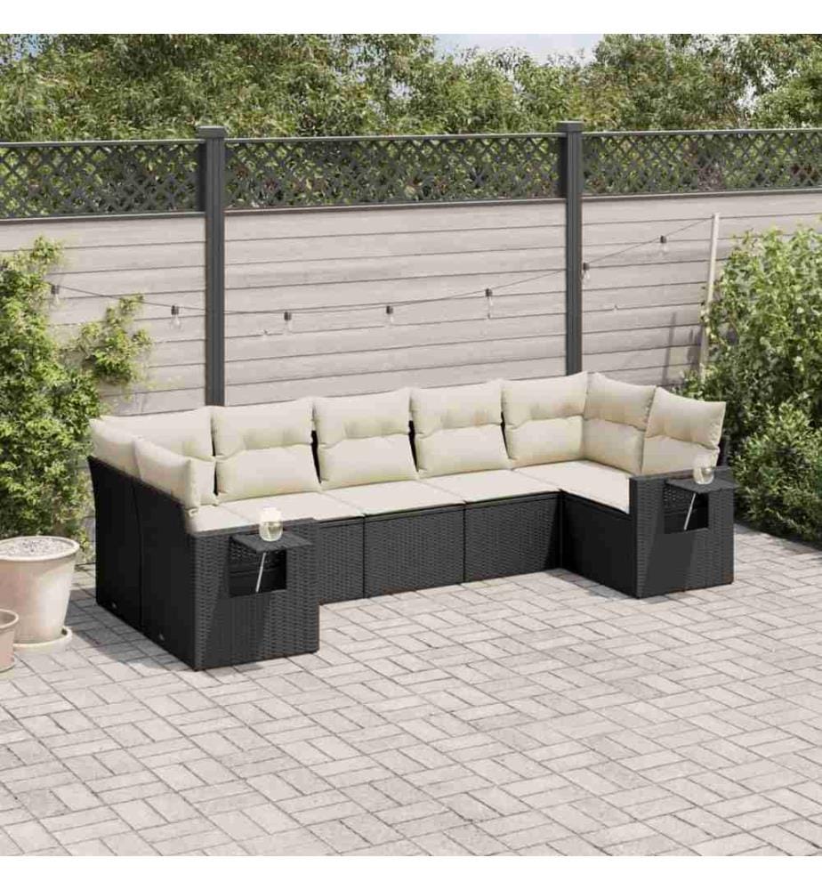 7-tlg. Garten-Sofagarnitur mit Kissen Schwarz Poly Rattan