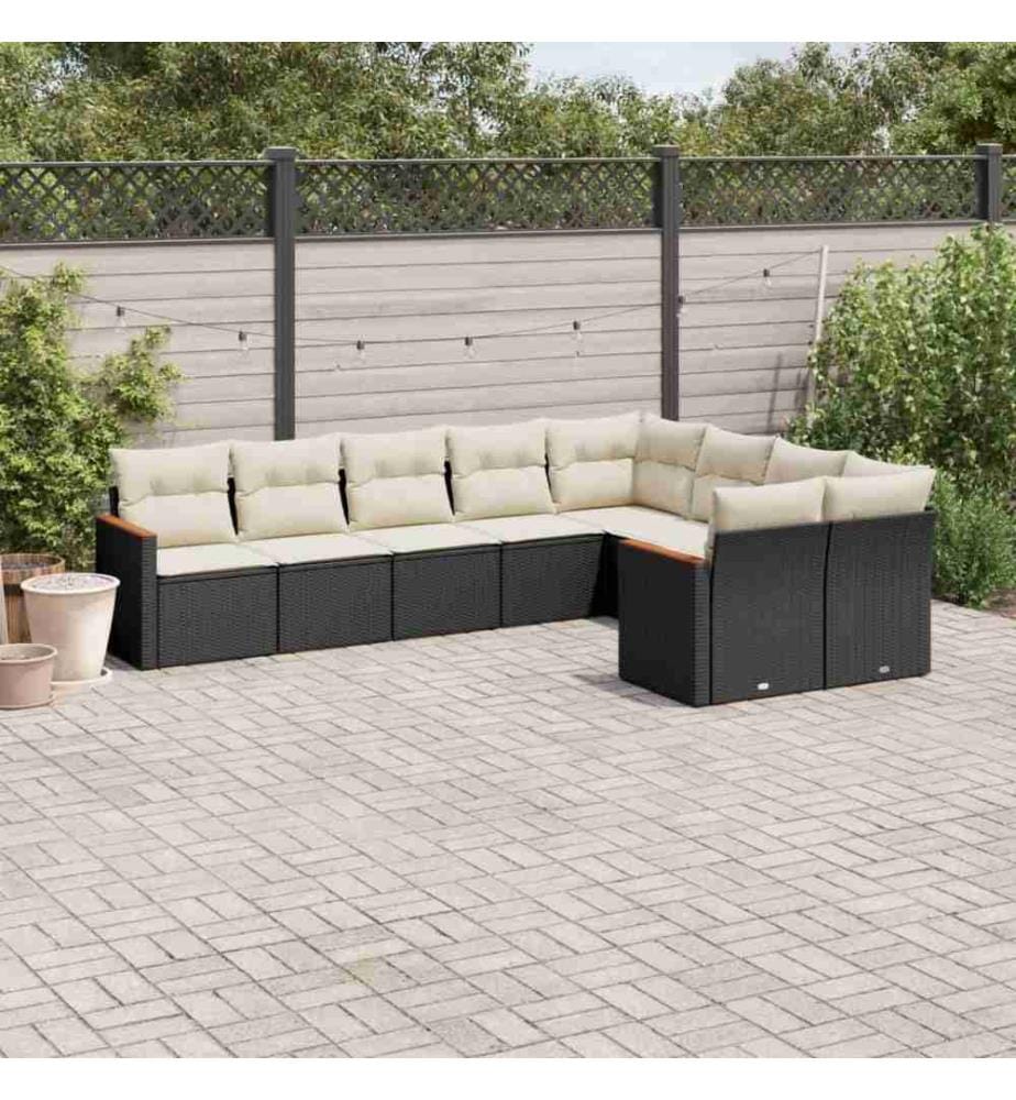 9-tlg. Garten-Sofagarnitur mit Kissen Schwarz Poly Rattan
