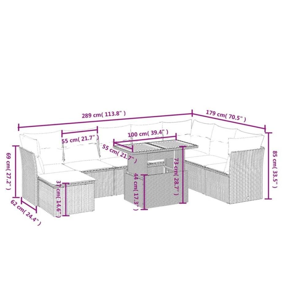 9-tlg. Garten-Sofagarnitur mit Kissen Schwarz Poly Rattan