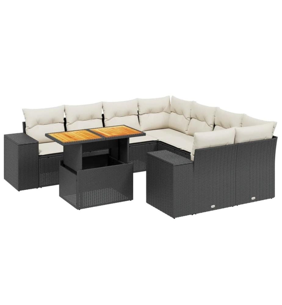9-tlg. Garten-Sofagarnitur mit Kissen Schwarz Poly Rattan