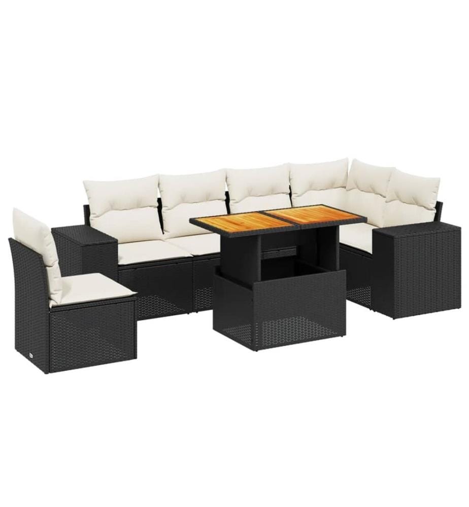 7-tlg. Garten-Sofagarnitur mit Kissen Schwarz Poly Rattan