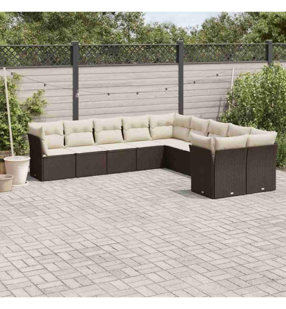 10-tlg. Garten-Sofagarnitur mit Kissen Braun Poly Rattan