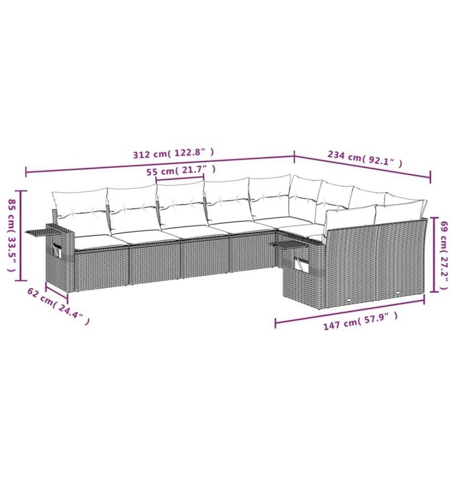 9-tlg. Garten-Sofagarnitur mit Kissen Braun Poly Rattan
