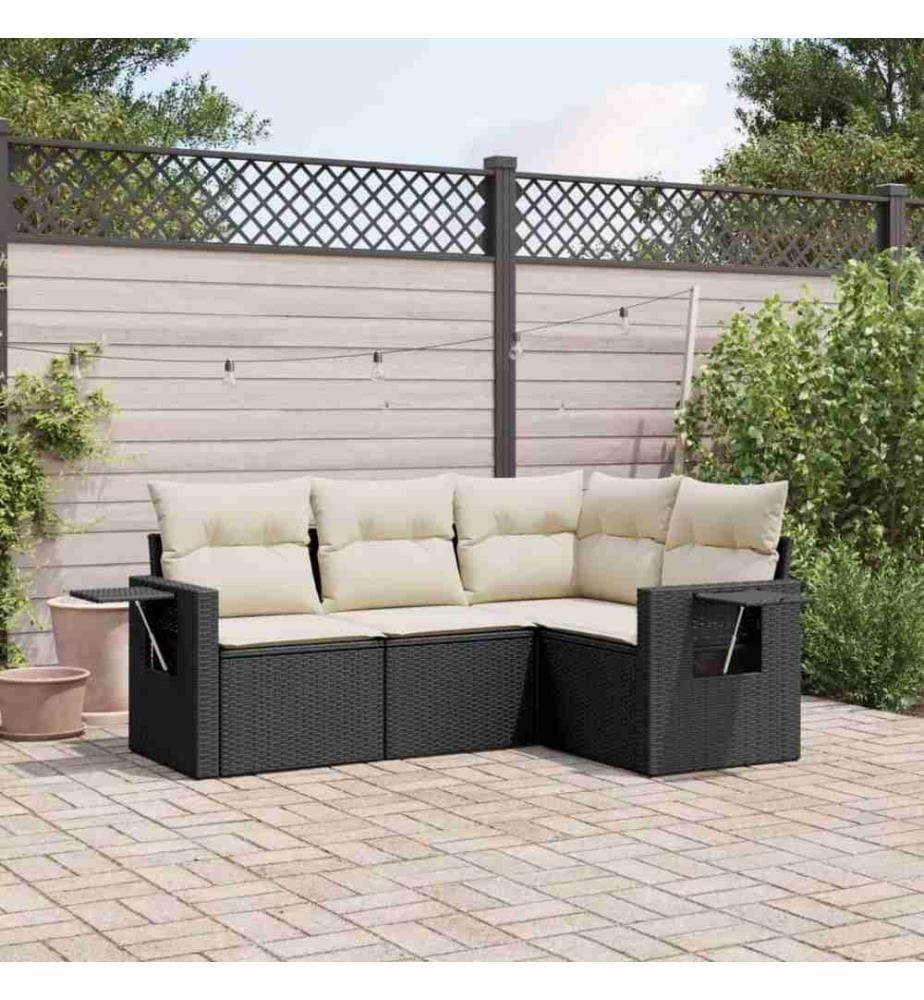 4-tlg. Garten-Sofagarnitur mit Kissen Schwarz Poly Rattan