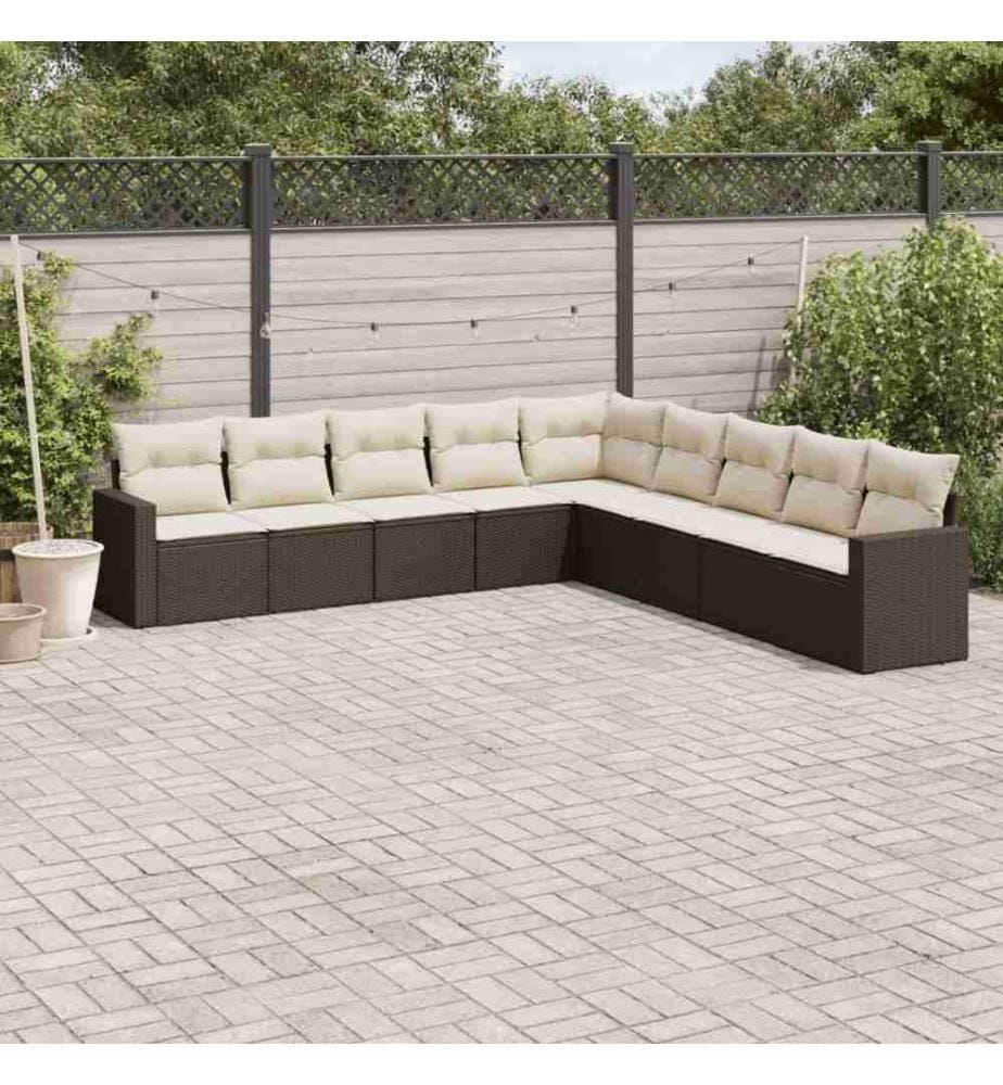 9-tlg. Garten-Sofagarnitur mit Kissen Braun Poly Rattan