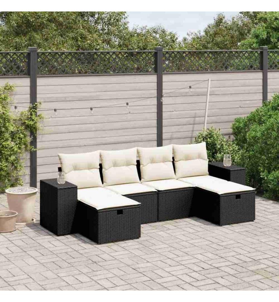 6-tlg. Garten-Sofagarnitur mit Kissen Schwarz Poly Rattan