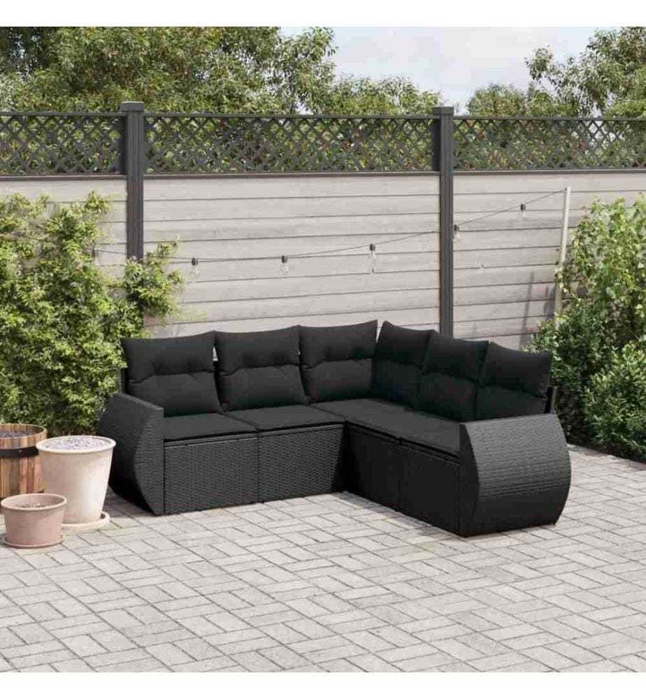 5-tlg. Garten-Sofagarnitur mit Kissen Schwarz Poly Rattan