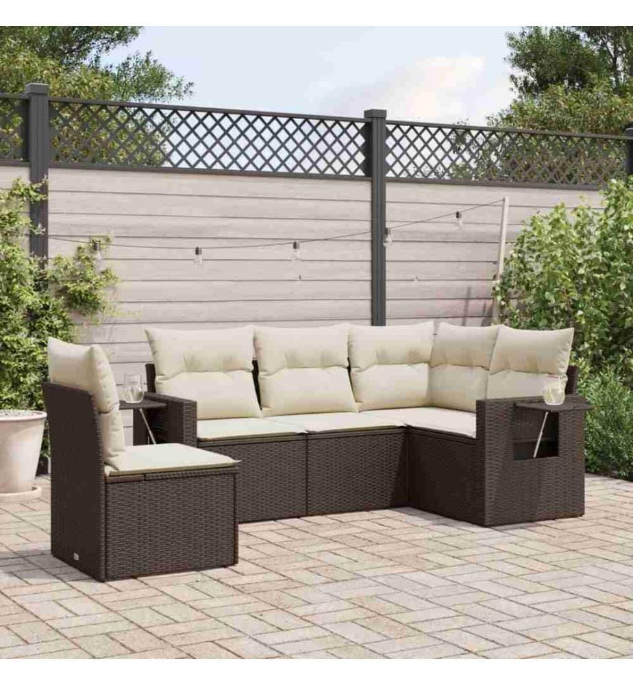 5-tlg. Garten-Sofagarnitur mit Kissen Braun Poly Rattan