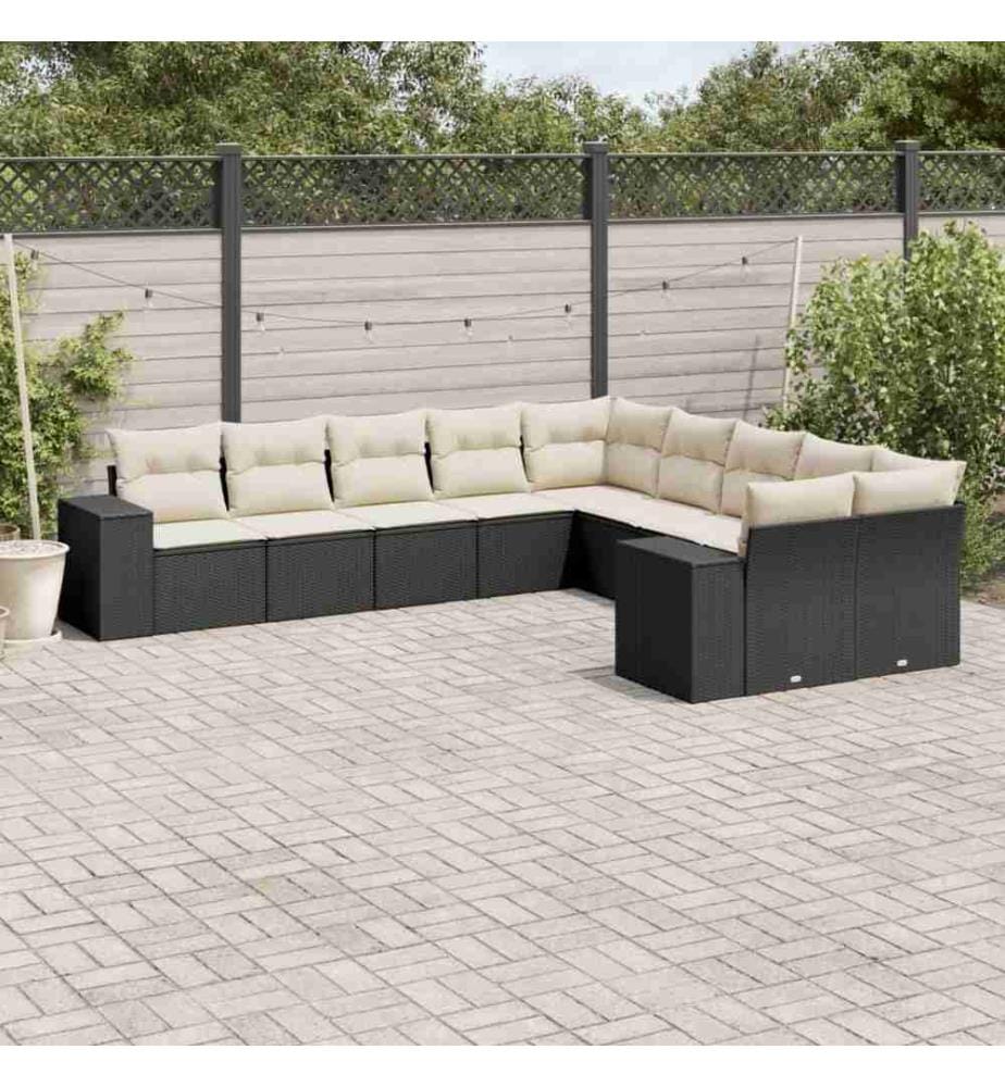 10-tlg. Garten-Sofagarnitur mit Kissen Schwarz Poly Rattan