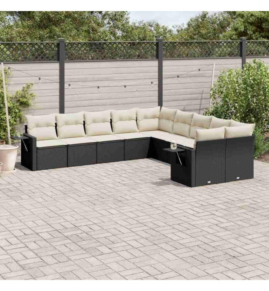 10-tlg. Garten-Sofagarnitur mit Kissen Schwarz Poly Rattan
