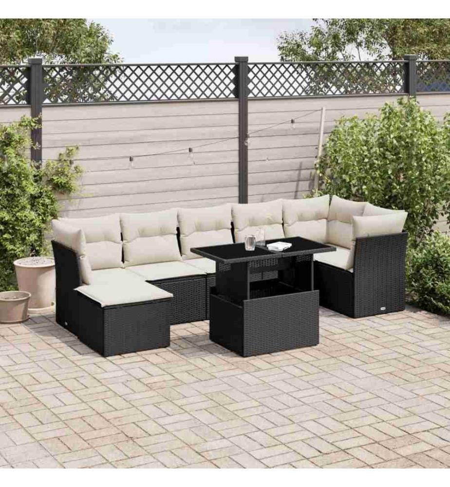 8-tlg. Garten-Sofagarnitur mit Kissen Schwarz Poly Rattan