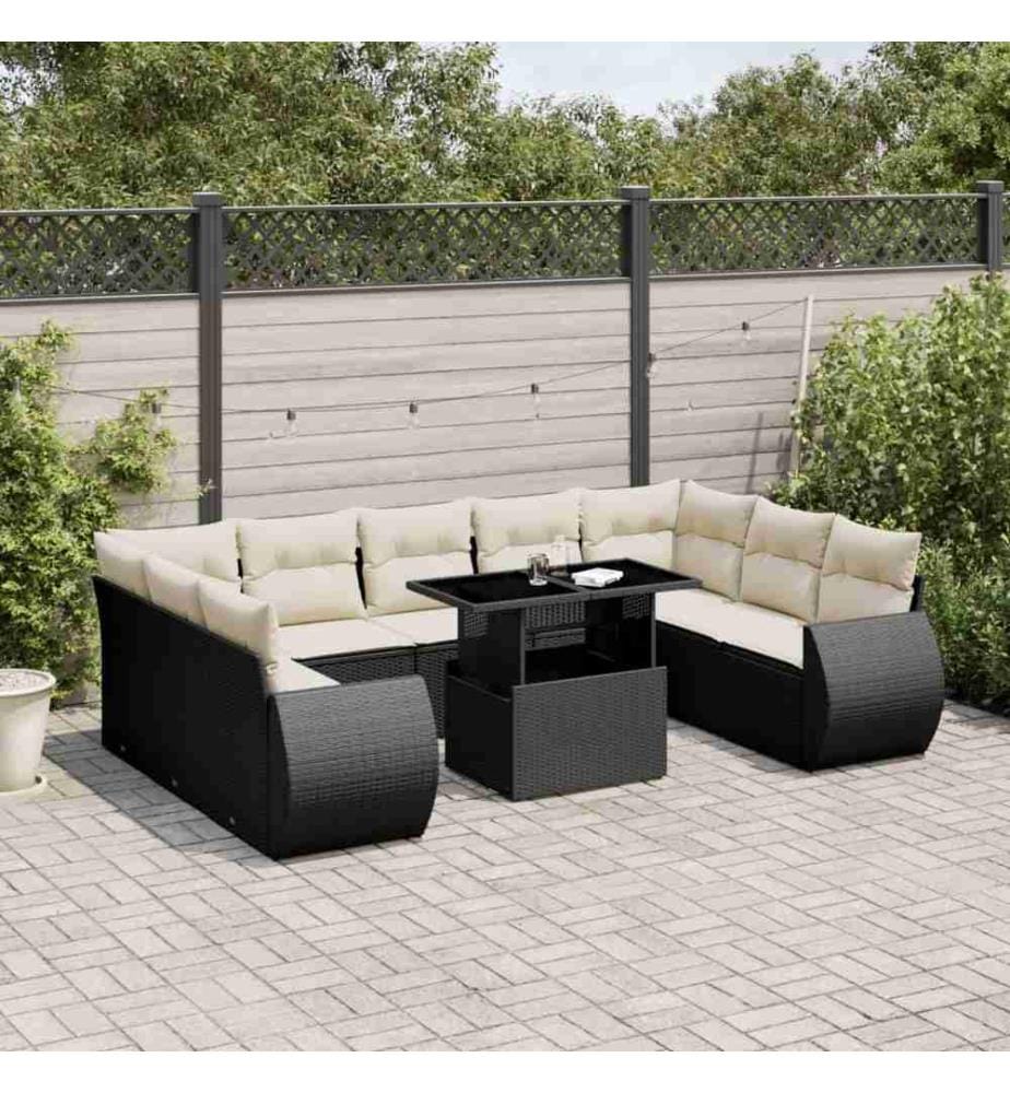10-tlg. Garten-Sofagarnitur mit Kissen Schwarz Poly Rattan