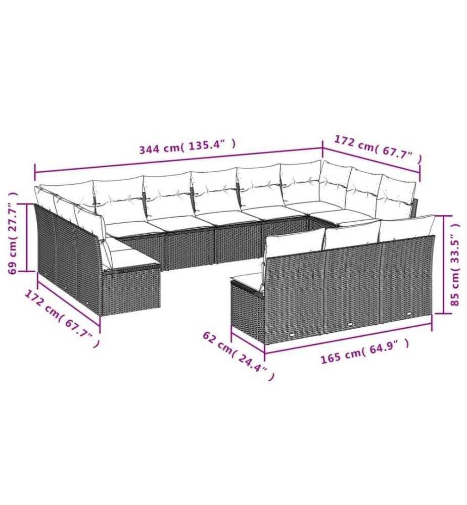 13-tlg. Garten-Sofagarnitur mit Kissen Schwarz Poly Rattan