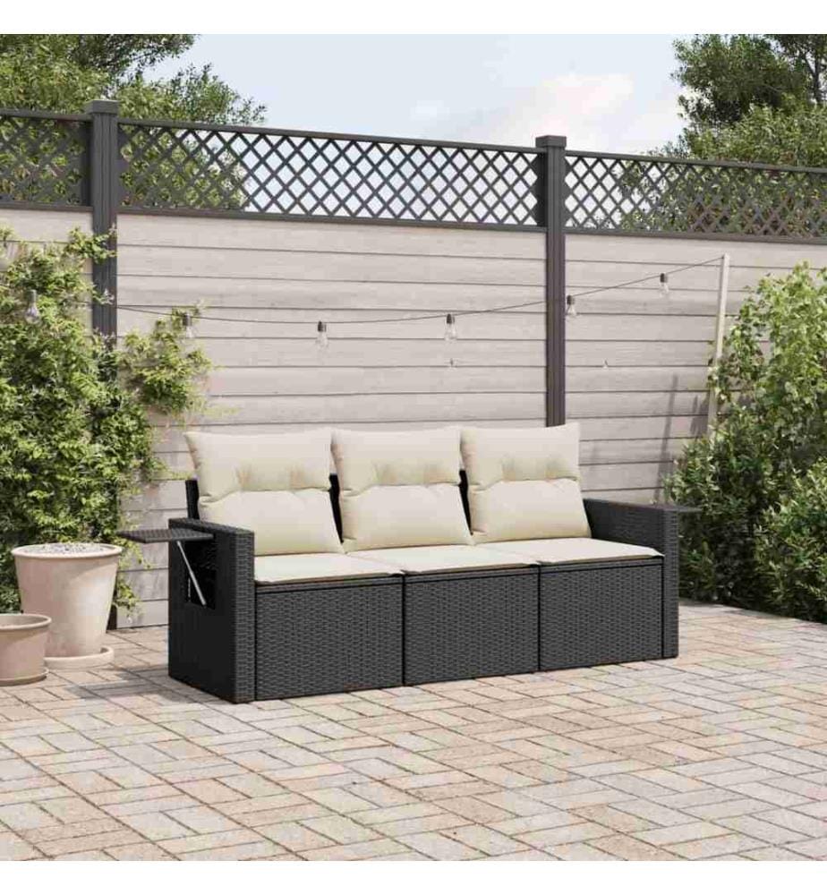 3-tlg. Garten-Sofagarnitur mit Kissen Schwarz Poly Rattan