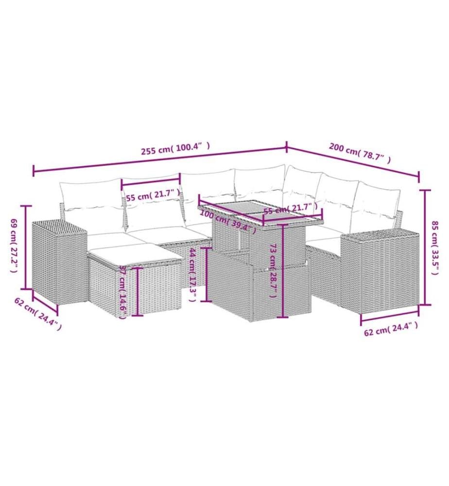 8-tlg. Garten-Sofagarnitur mit Kissen Schwarz Poly Rattan