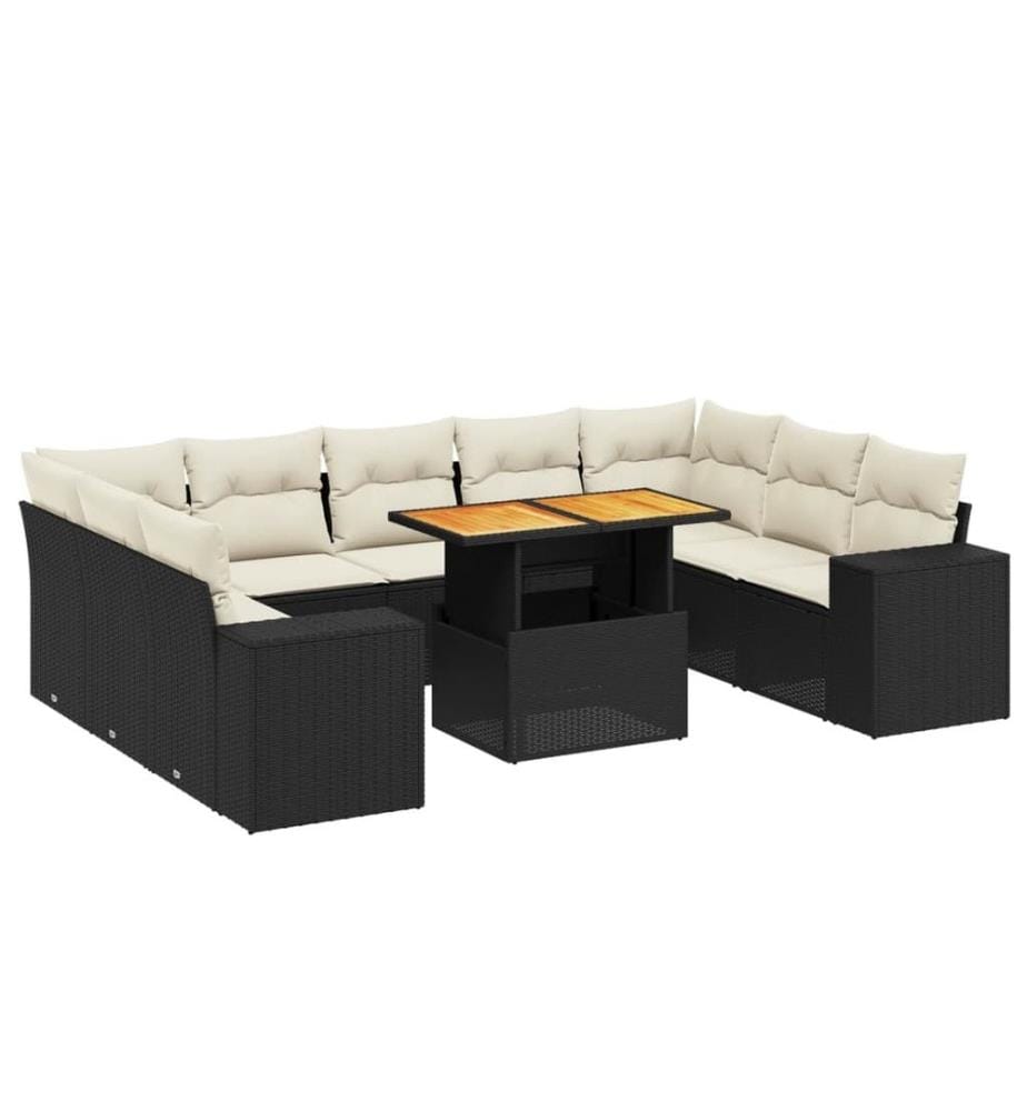 10-tlg. Garten-Sofagarnitur mit Kissen Schwarz Poly Rattan