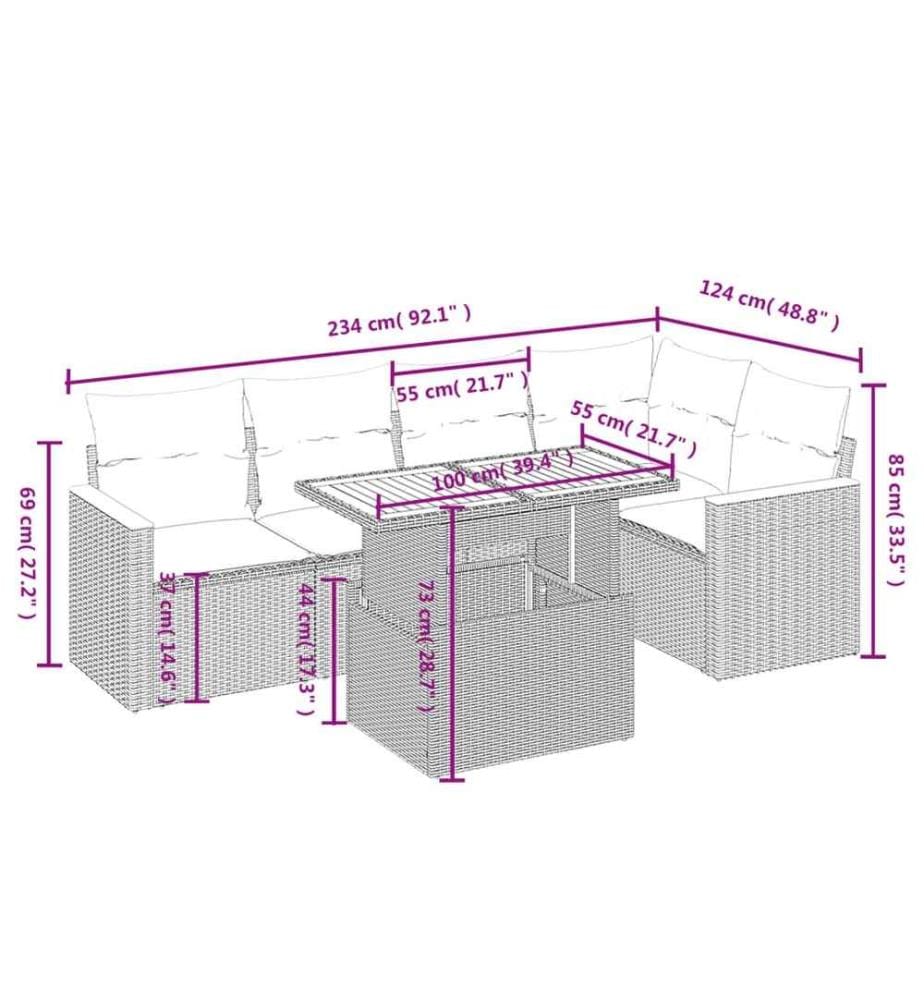 6-tlg. Garten-Sofagarnitur mit Kissen Schwarz Poly Rattan