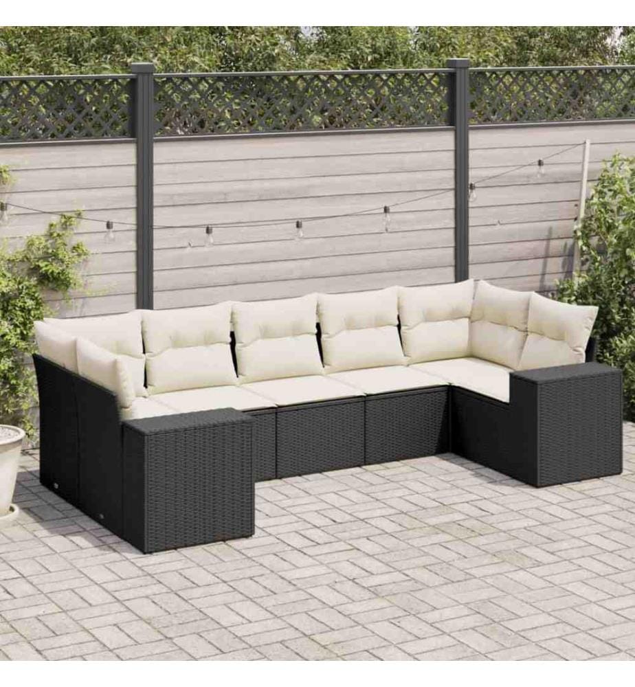 7-tlg. Garten-Sofagarnitur mit Kissen Schwarz Poly Rattan