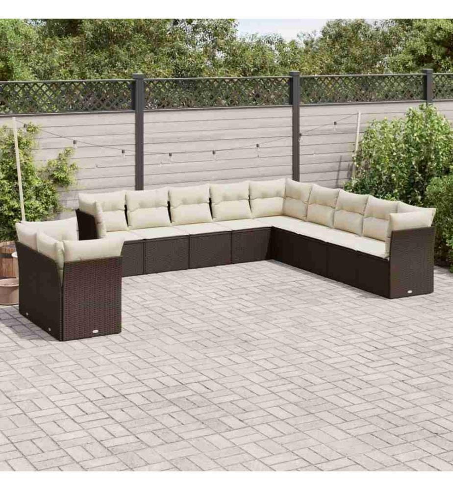 11-tlg. Garten-Sofagarnitur mit Kissen Braun Poly Rattan