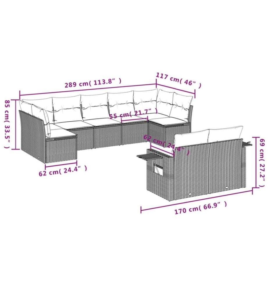 9-tlg. Garten-Sofagarnitur mit Kissen Schwarz Poly Rattan