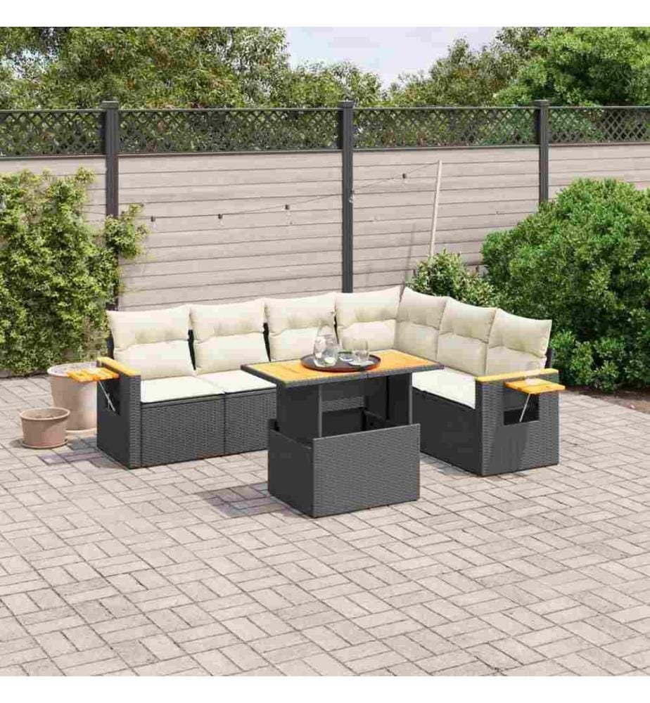 7-tlg. Garten-Sofagarnitur mit Kissen Schwarz Poly Rattan