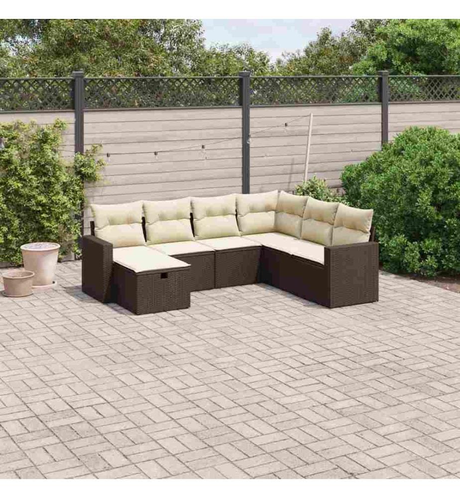 7-tlg. Garten-Sofagarnitur mit Kissen Braun Poly Rattan