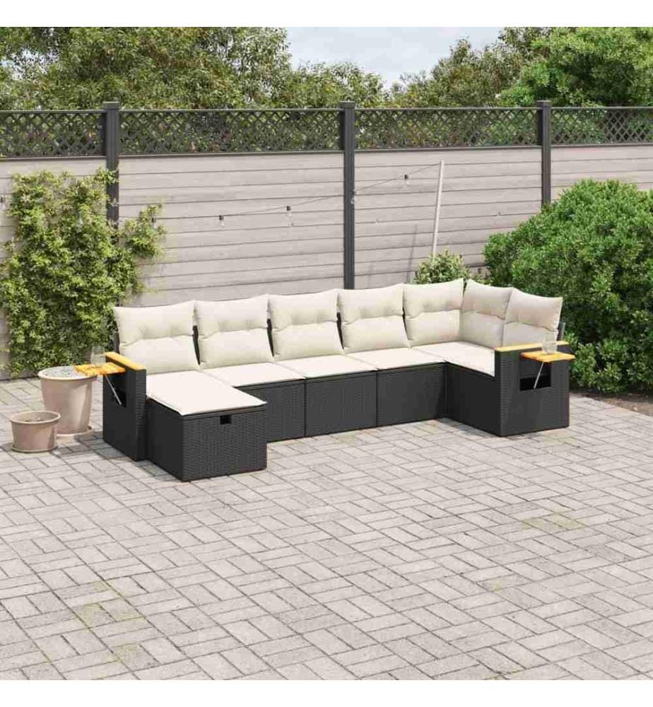 7-tlg. Garten-Sofagarnitur mit Kissen Schwarz Poly Rattan