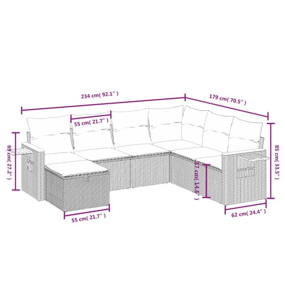 7-tlg. Garten-Sofagarnitur mit Kissen Schwarz Poly Rattan
