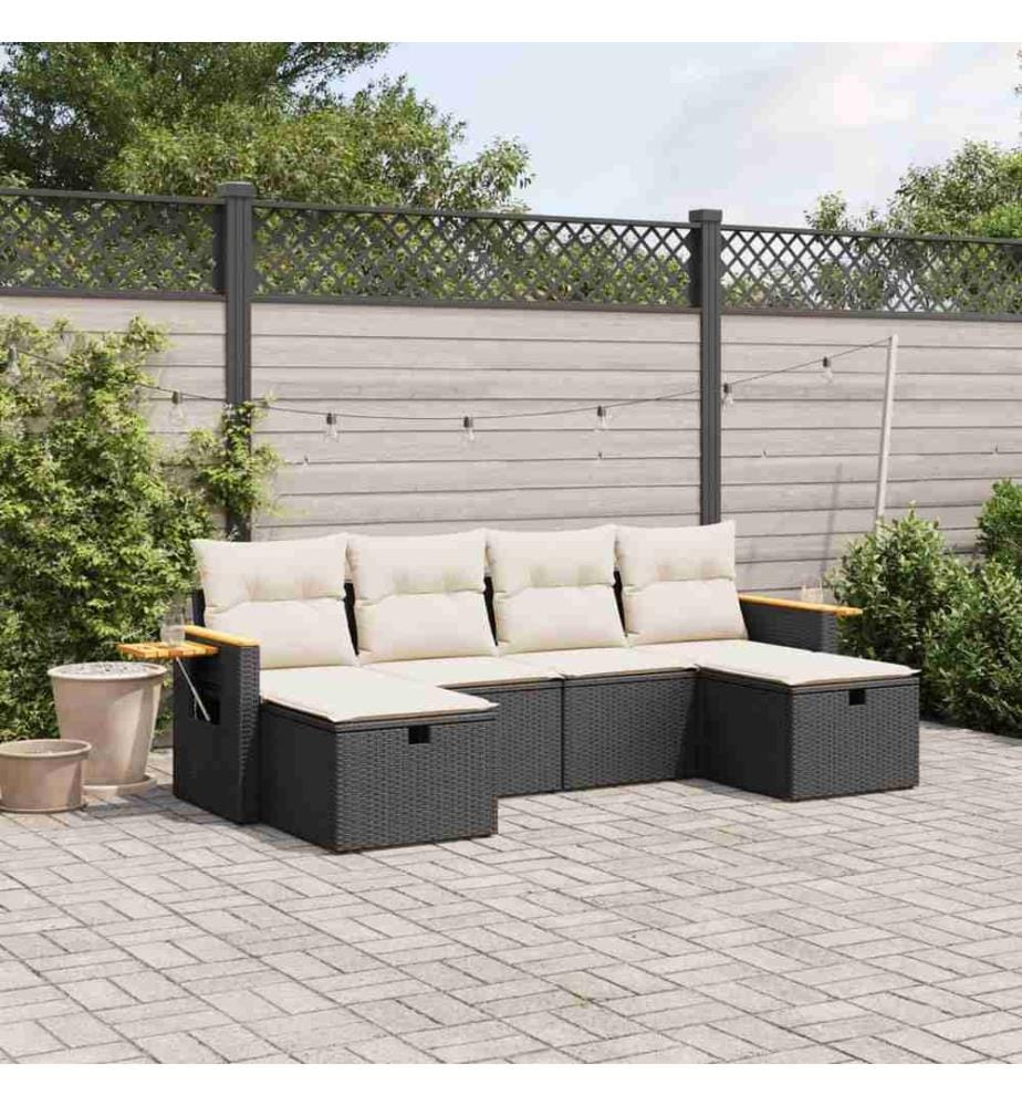 6-tlg. Garten-Sofagarnitur mit Kissen Schwarz Poly Rattan