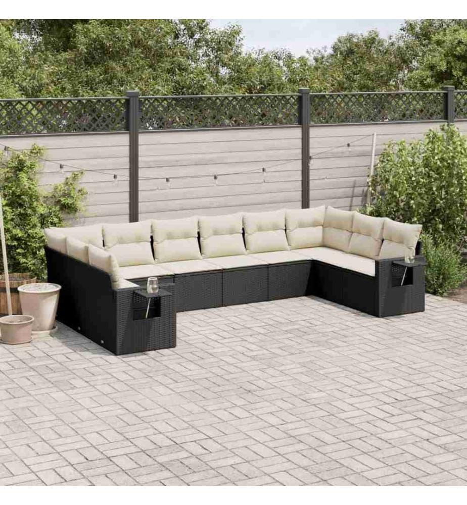 10-tlg. Garten-Sofagarnitur mit Kissen Schwarz Poly Rattan