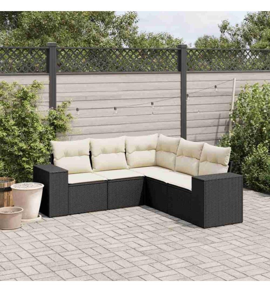 5-tlg. Garten-Sofagarnitur mit Kissen Schwarz Poly Rattan