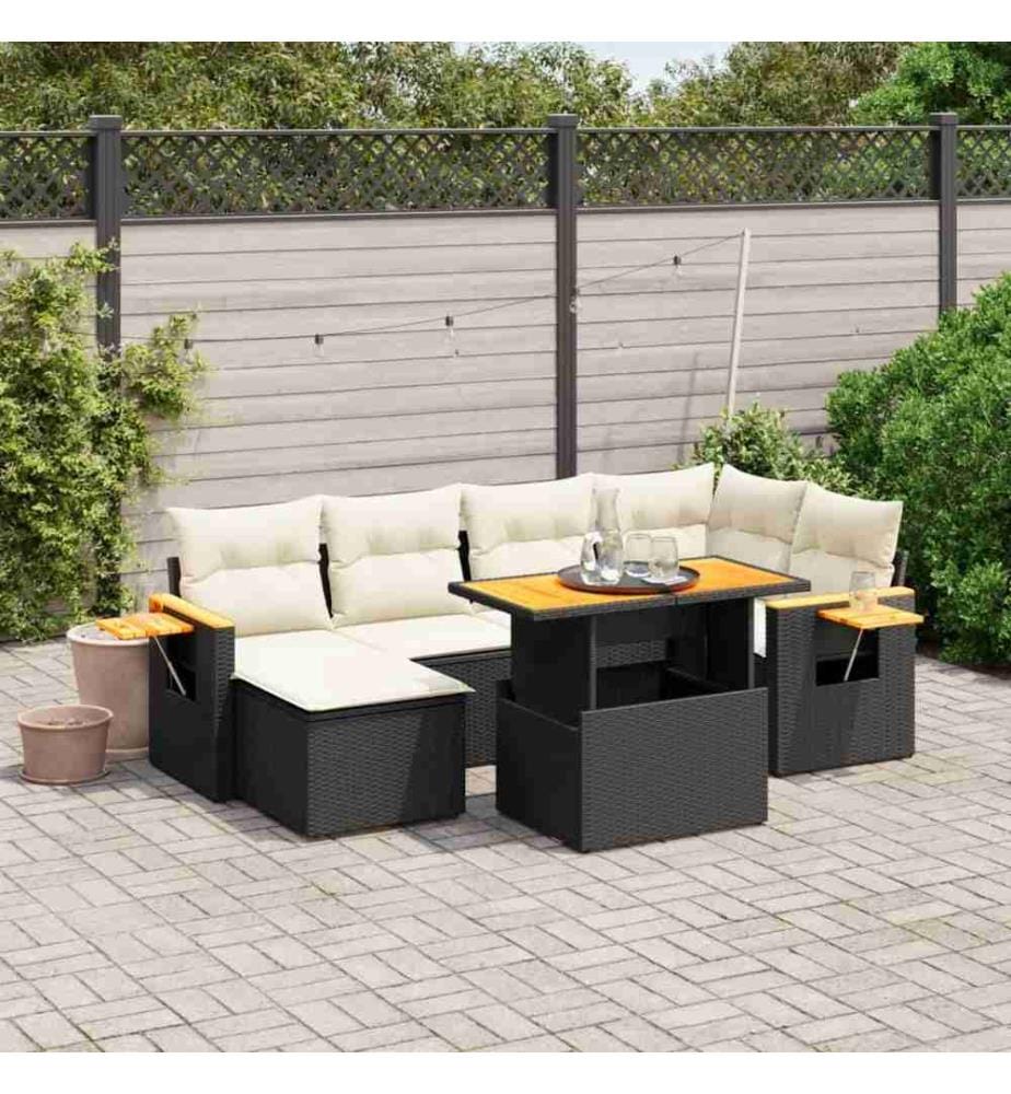 7-tlg. Garten-Sofagarnitur mit Kissen Schwarz Poly Rattan