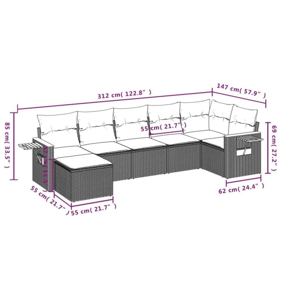 7-tlg. Garten-Sofagarnitur mit Kissen Schwarz Poly Rattan