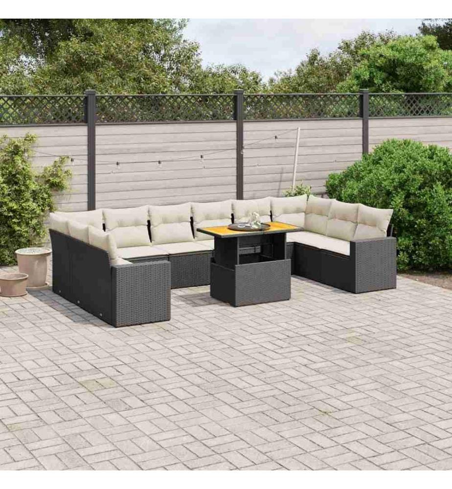 11-tlg. Garten-Sofagarnitur mit Kissen Schwarz Poly Rattan