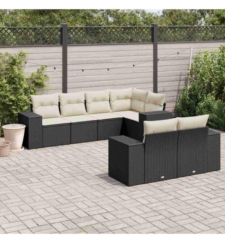7-tlg. Garten-Sofagarnitur mit Kissen Schwarz Poly Rattan