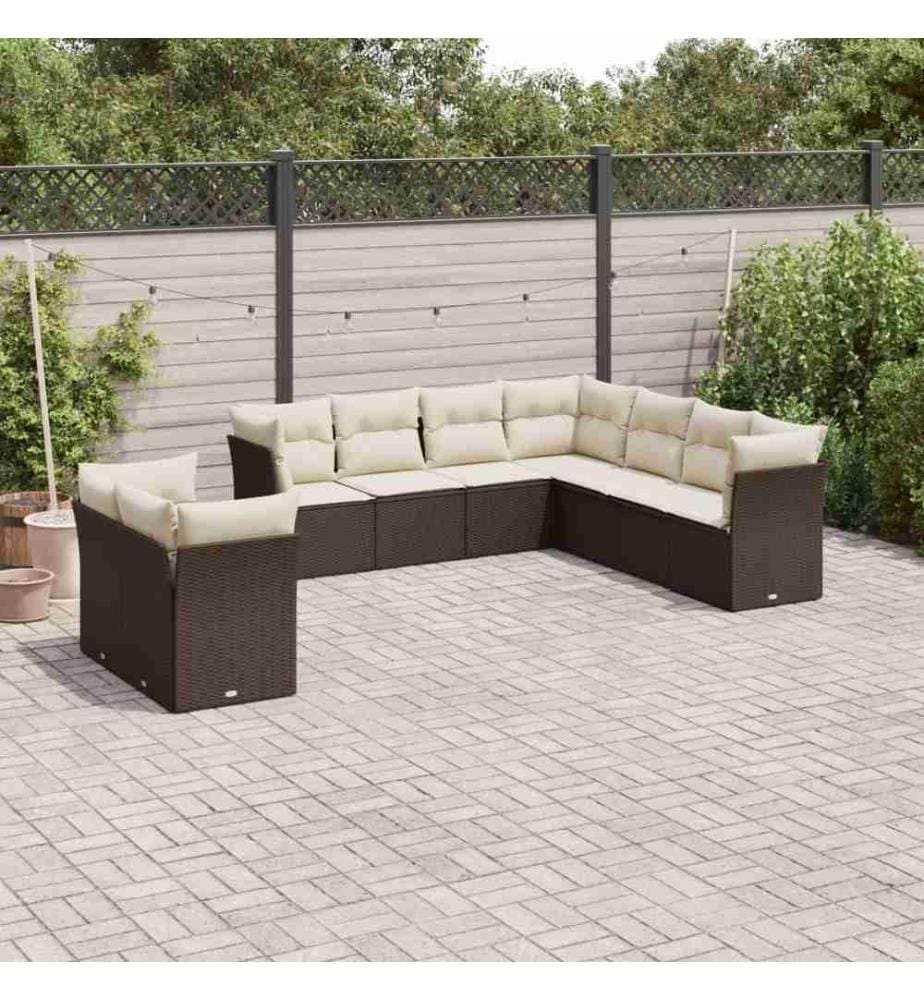 9-tlg. Garten-Sofagarnitur mit Kissen Braun Poly Rattan