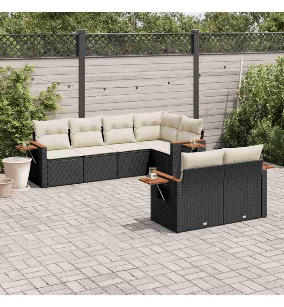 7-tlg. Garten-Sofagarnitur mit Kissen Schwarz Poly Rattan
