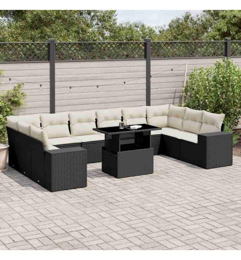 11-tlg. Garten-Sofagarnitur mit Kissen Schwarz Poly Rattan