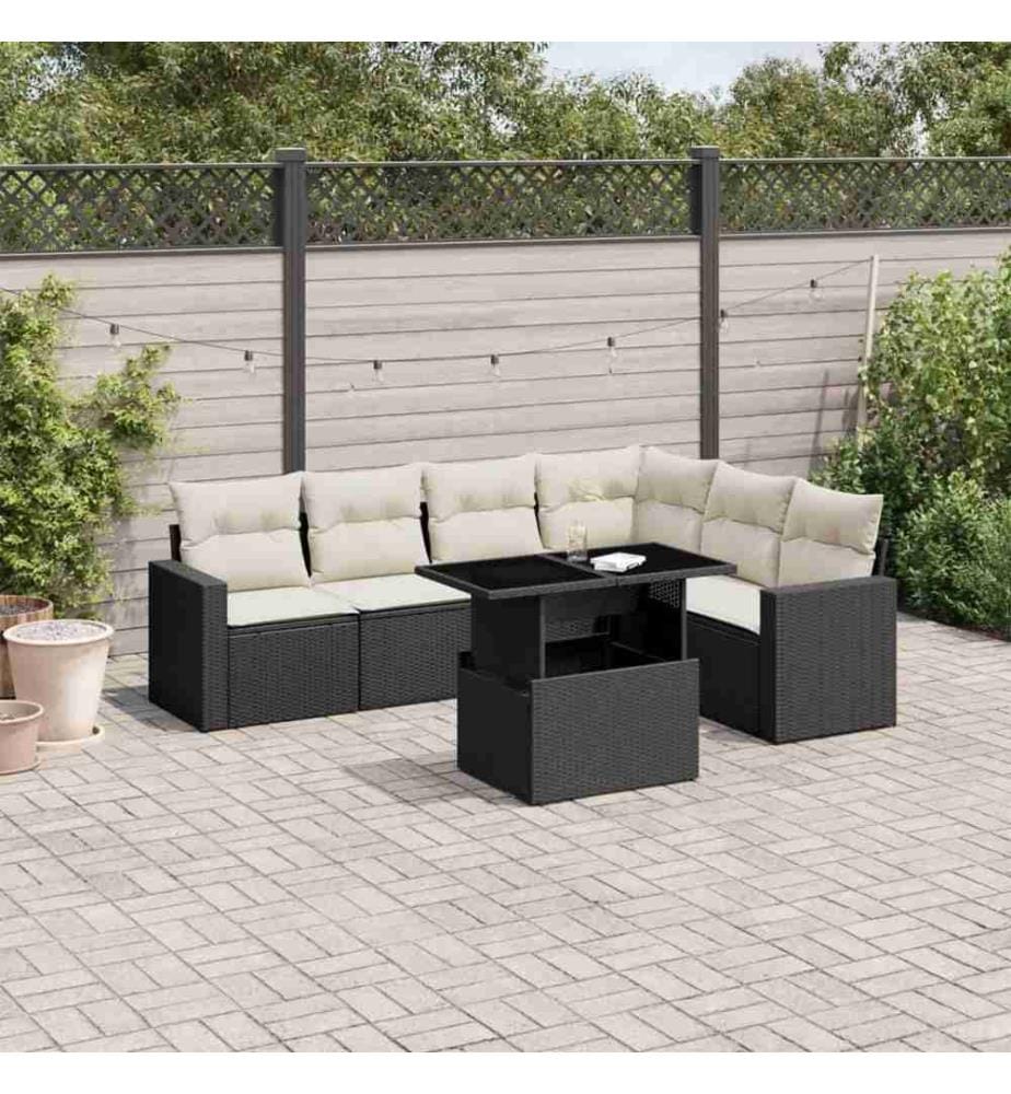 7-tlg. Garten-Sofagarnitur mit Kissen Schwarz Poly Rattan