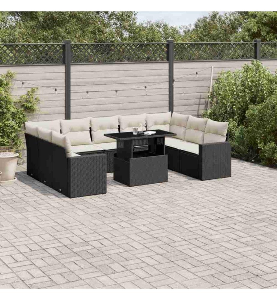 10-tlg. Garten-Sofagarnitur mit Kissen Schwarz Poly Rattan