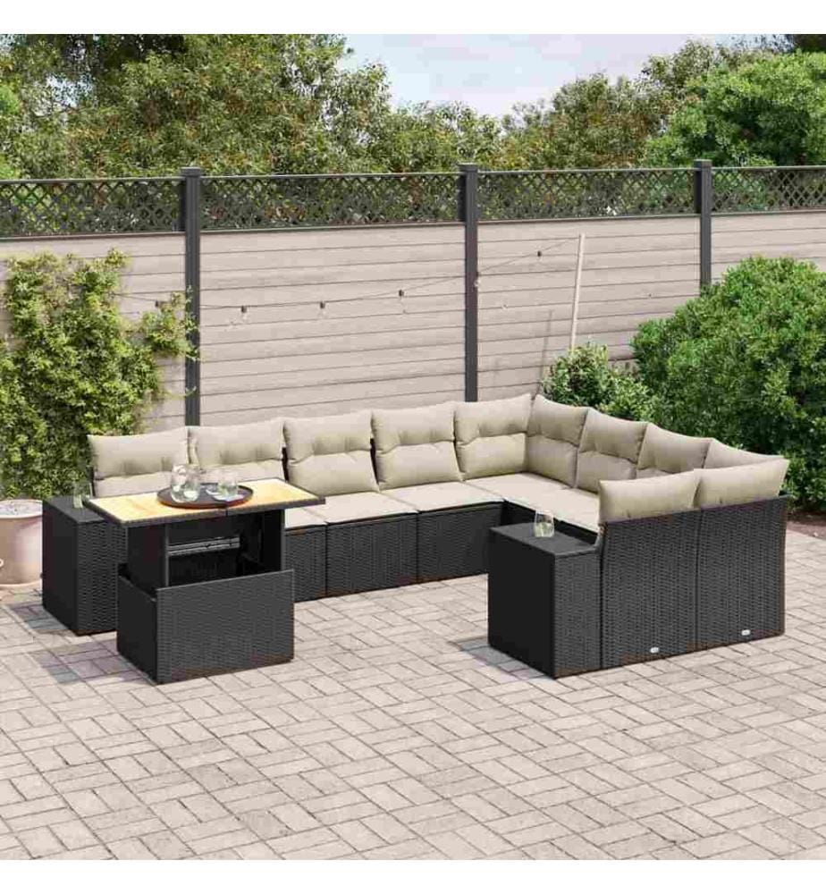 10-tlg. Garten-Sofagarnitur mit Kissen Schwarz Poly Rattan