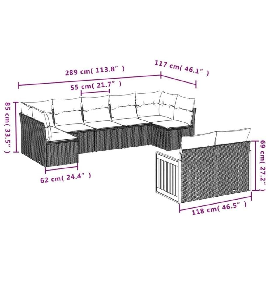 9-tlg. Garten-Sofagarnitur mit Kissen Schwarz Poly Rattan