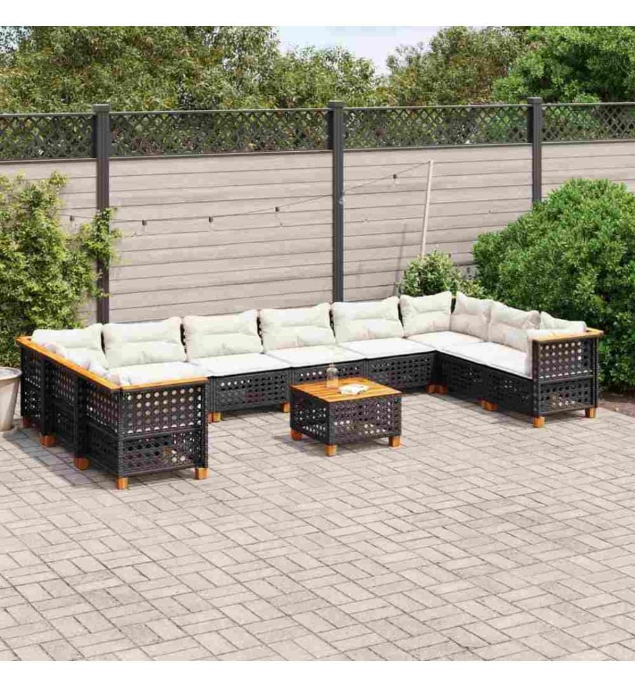 11-tlg. Garten-Sofagarnitur mit Kissen Schwarz Poly Rattan
