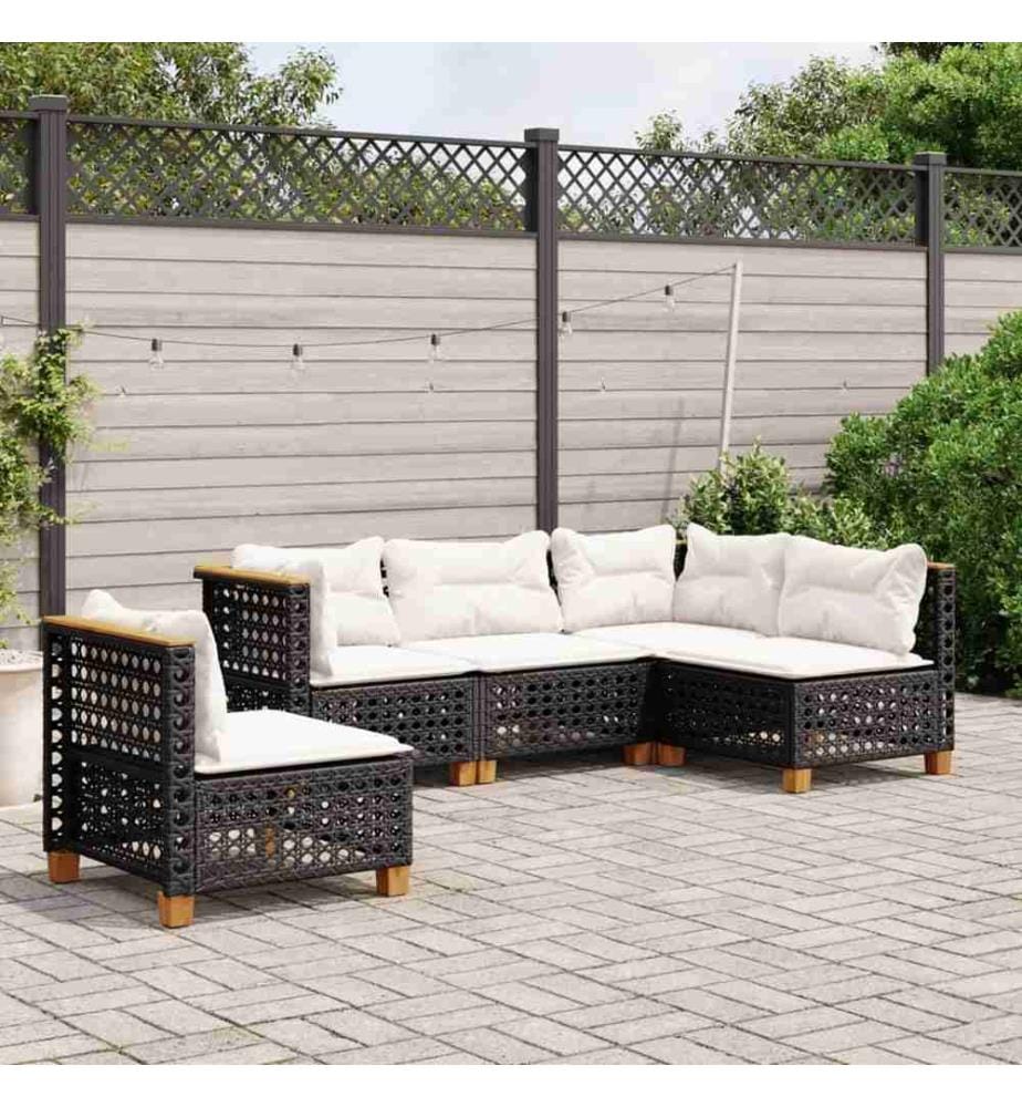 5-tlg. Garten-Sofagarnitur mit Kissen Schwarz Poly Rattan