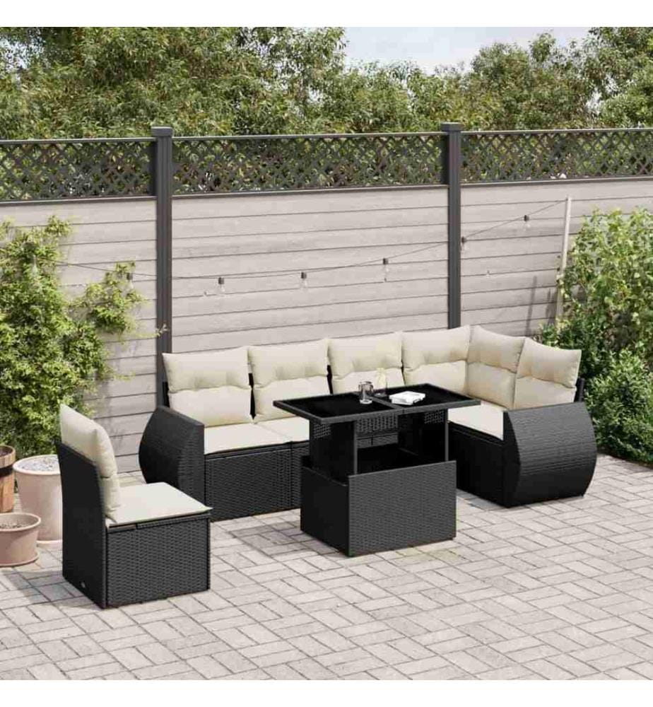 7-tlg. Garten-Sofagarnitur mit Kissen Schwarz Poly Rattan