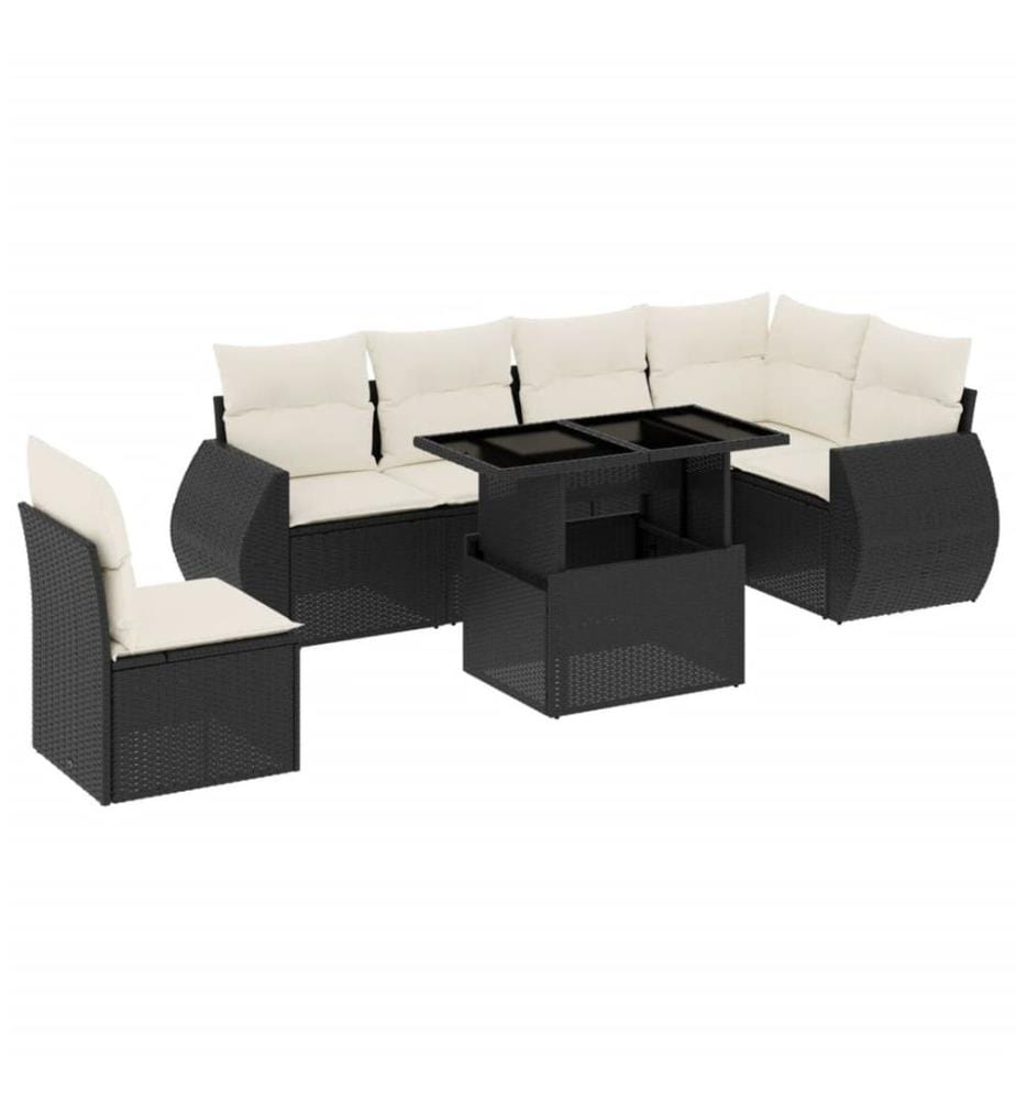 7-tlg. Garten-Sofagarnitur mit Kissen Schwarz Poly Rattan