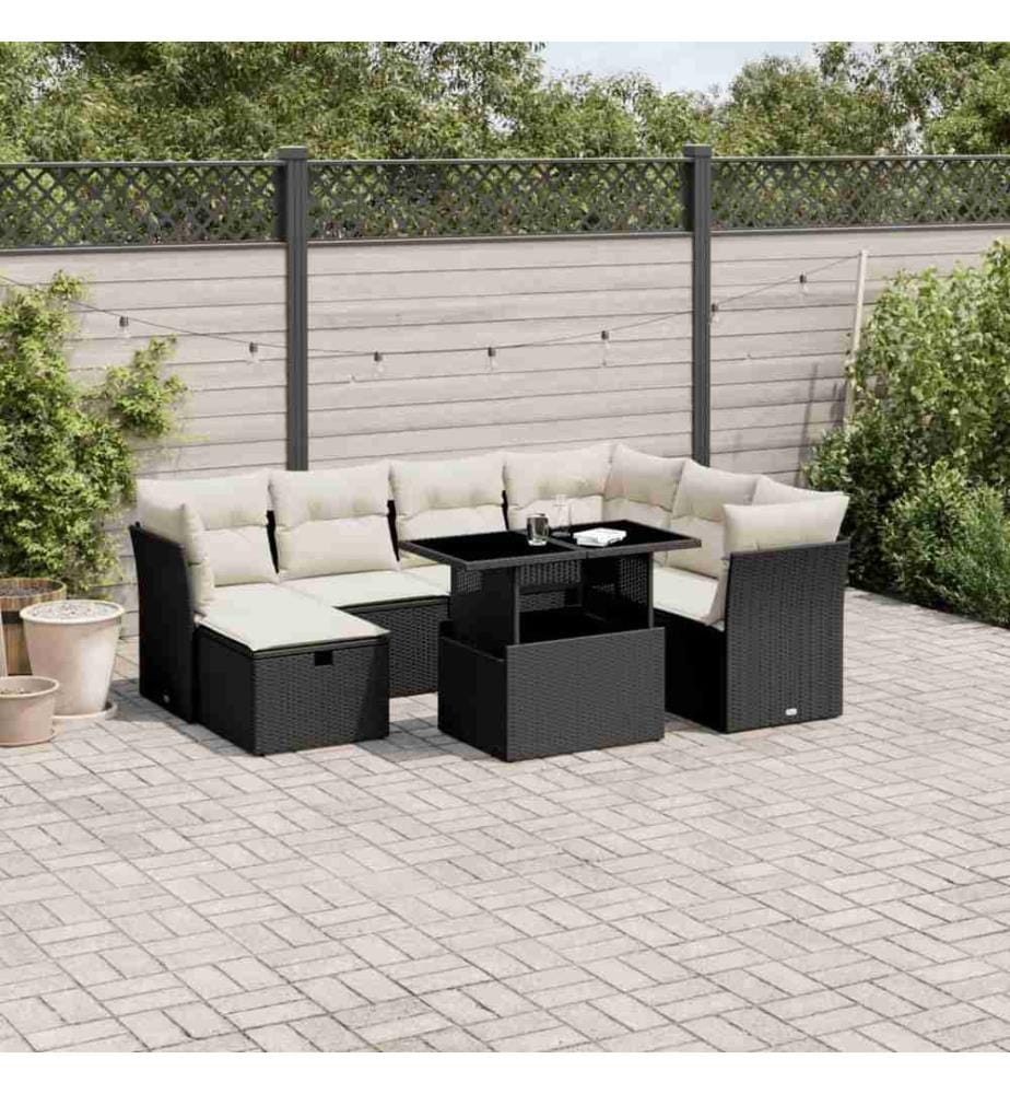 8-tlg. Garten-Sofagarnitur mit Kissen Schwarz Poly Rattan