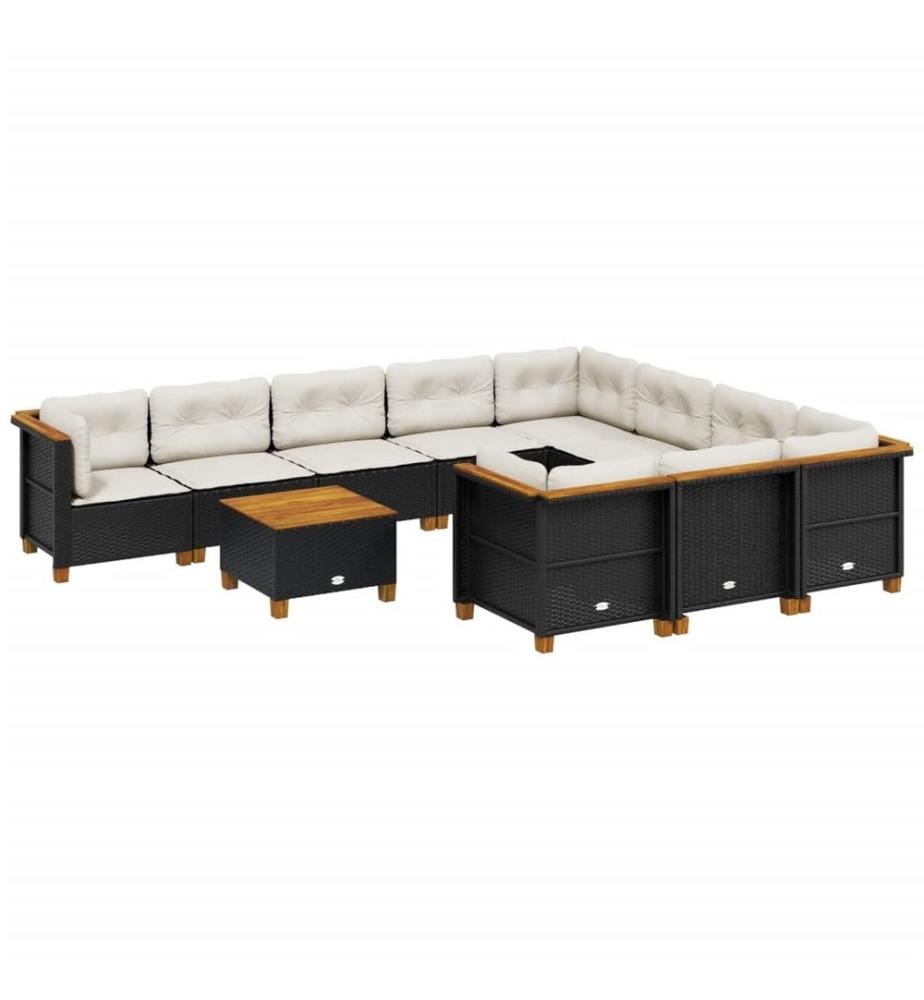 11-tlg. Garten-Sofagarnitur mit Kissen Schwarz Poly Rattan